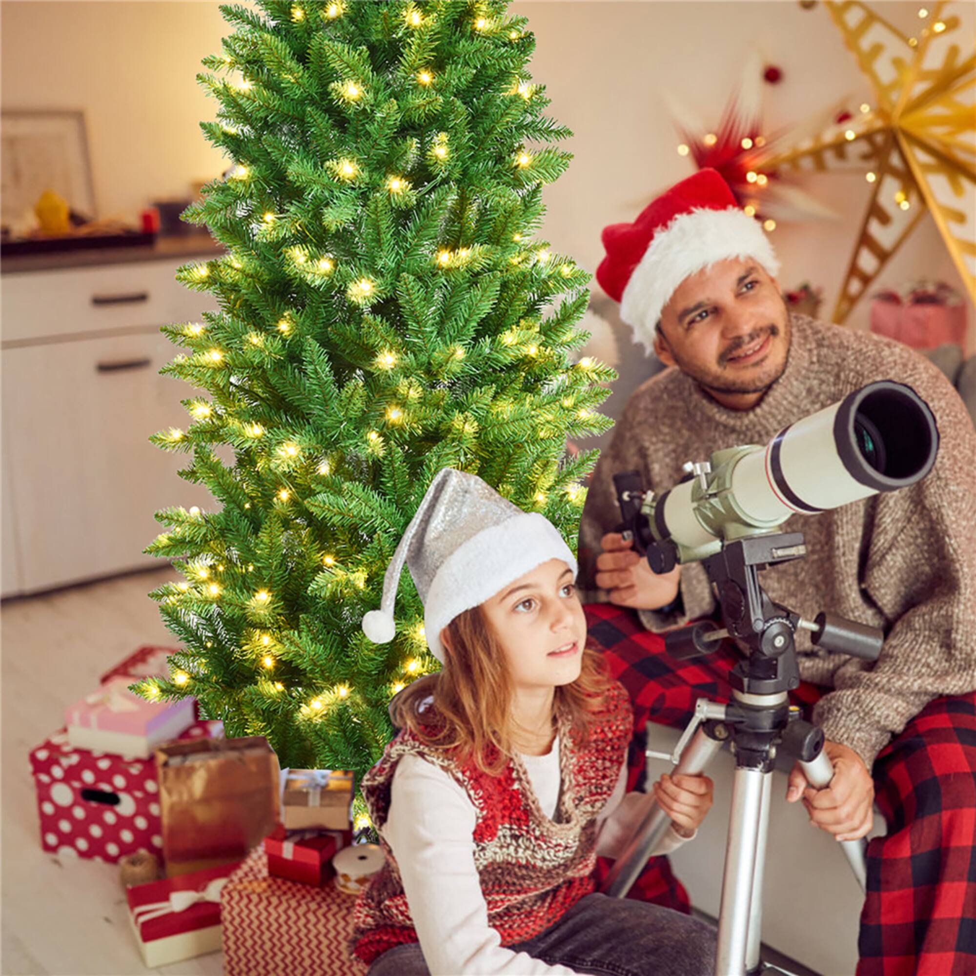 Costway 5ft. Pre-Lit Slim Pencil Fir Artificial Christmas Tree, Warm White LED Lights